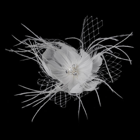 * Silver Clear Rhinestone & Feather Tulle Bridal Wedding Hair Accent Bridal Wedding Hair Clip 7387