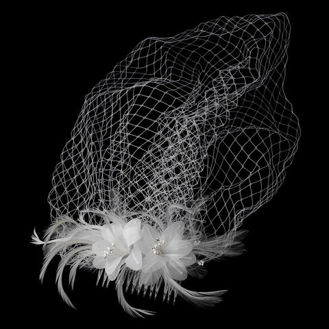 Twin Feather Flower Fascinator Bridal Wedding Hair Clip with Russian Style Cage Bridal Wedding Veil 7796