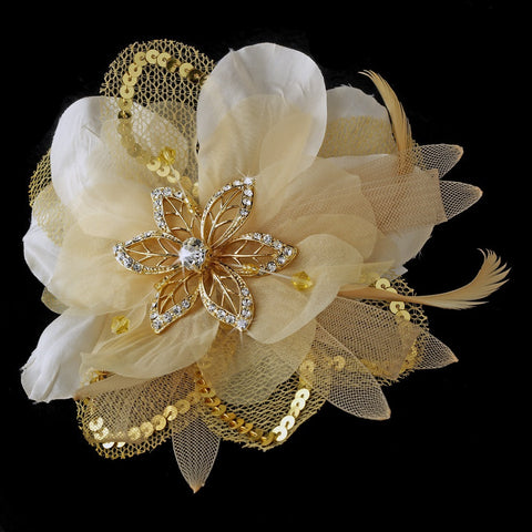 * Gold Feather Bridal Wedding Fascinator Bridal Wedding Brooch Bridal Wedding Hair Clip 8106