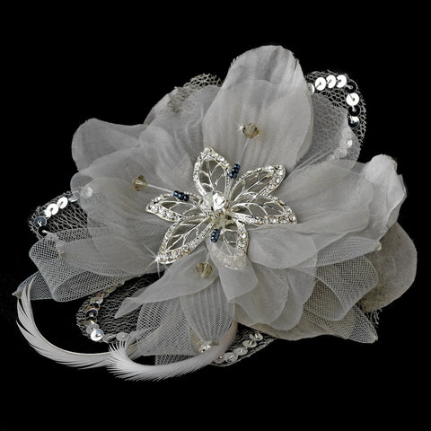 * Silver Feather Fascinator Bridal Wedding Hair Clip with Bridal Wedding Brooch Pin 8106
