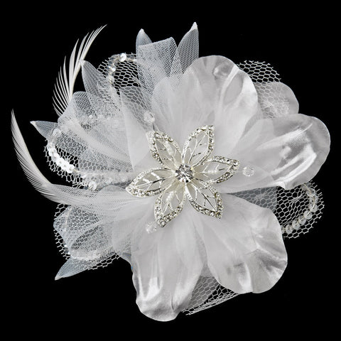 * White Crystal Rhinestone Matte Satin & Organza Bridal Wedding Flower Bridal Wedding Hair Clip 8106 with Bridal Wedding Brooch Pin