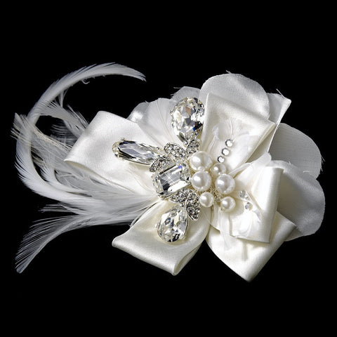 Silver Ivory Feather Ribbon Bridal Wedding Hair Clip 8249