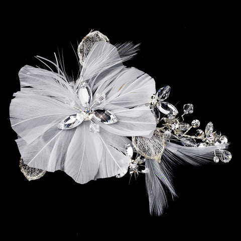 * Fabulous White Feather Bridal Wedding Hair Clip w/ Rhinestones & Swarovski Crystals 8990