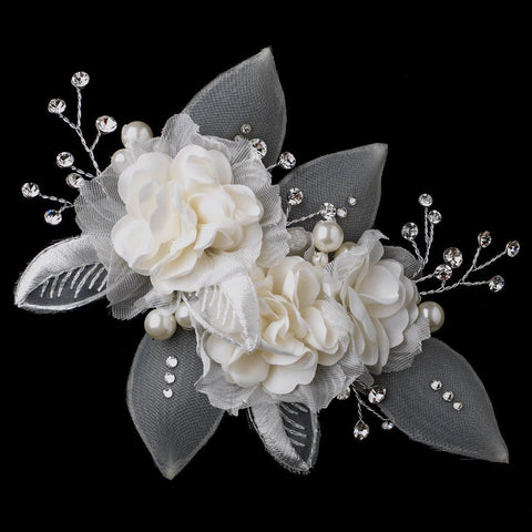 Organza Flower Bridal Wedding Hair Clip 9500 with Pearls & Rhinestones