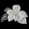Silver & Ivory Fabric Accented w/ Crystals, Bugle Beads & Rhinestones Flower Bridal Wedding Hair Clip 9633