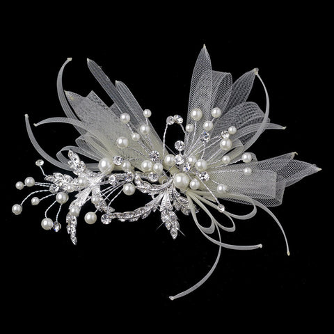Silver Ivory Pearl, Rhinestone & Ribbon Design Bridal Wedding Hair Clip 9637