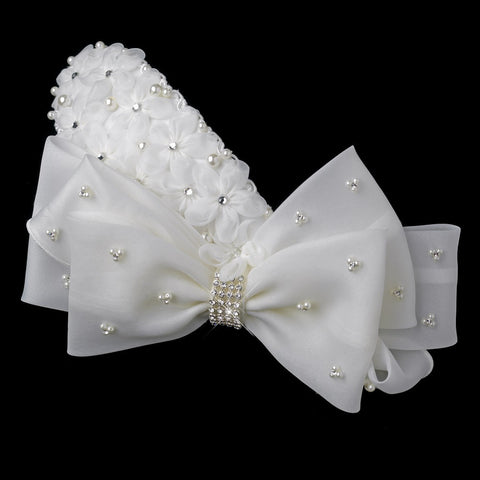 Silver Ivory Pearl & Rhinestone Accented Bow Bridal Wedding Hair Clip 9638