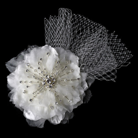 * Couture Rhinestone Flower Bridal Wedding Hair Clip with Russian Tulle 9855