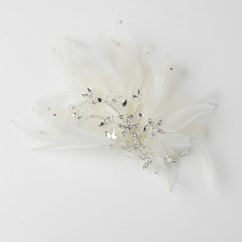 Ivory Mesh Feather Fascinator Bridal Wedding Hair Clip with Clear Rhinestones & Swarovski Crystal Beads
