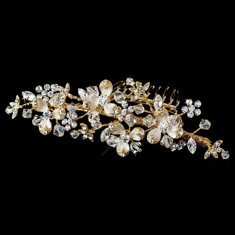 Gold Floral Accented Crystal Versatile Bridal Wedding Hair Comb-058