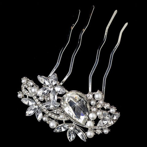 Rhodium Clear Marquise Rhinestone & White Pearl Vintage Bridal Wedding Hair Comb 1186