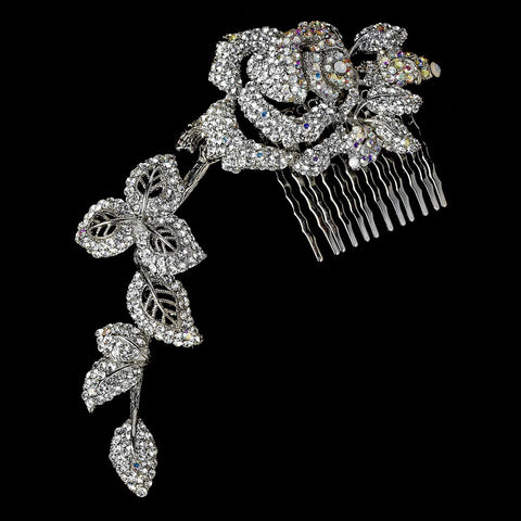 Stunning Antique Silver Aurora Borealis Flower Bridal Wedding Hair Comb 2146
