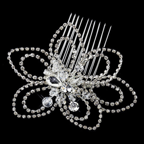 Antique Silver Clear Swarovski Crystal & Rhinestone Flower Bridal Wedding Hair Comb 3672