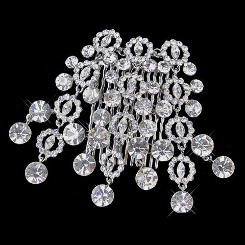 * Antique Silver Clear Round Cut Dangle Rhinestone Side Bridal Wedding Hair Comb 406