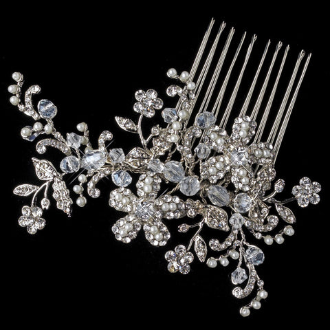 Rhodium Floral Vine Bridal Wedding Hair Comb 4110 with Ivory Pearl & Rhinestone Accents