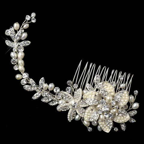 Silver Freshwater Pearl Rhinestone Floral Vine Bridal Wedding Hair Comb 42