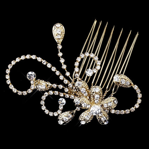 Gold Clear Floral Rhinestone Side Bridal Wedding Hair Comb 4285