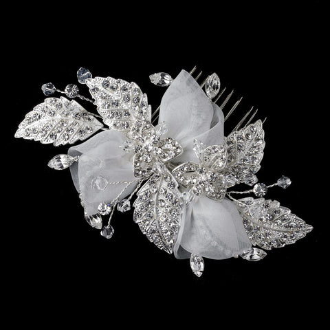 Sheer Organza, Rhinestone & Swarovski Crystal Bead Floral Leaf Bridal Wedding Hair Comb 4330