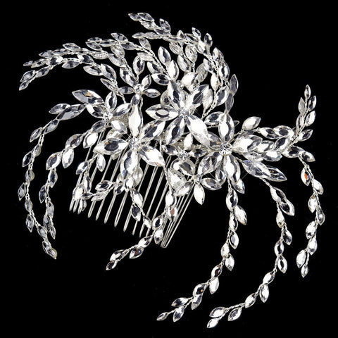 Silver Clear Marquise Rhinestone Floral Side Bridal Wedding Hair Comb 4516