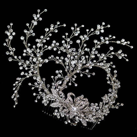 Rhodium Clear Rhinestone Hand Wired Twigs Ribbon Bridal Wedding Hair Comb 4654