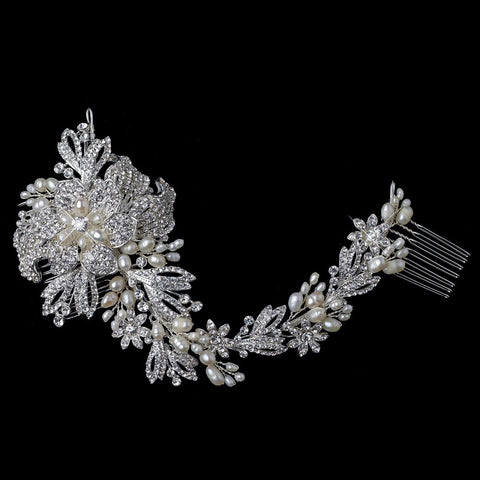 Silver Freshwater Pearl & Rhinestone Floral Vine Side Bridal Wedding Hair Comb