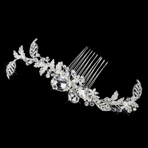 Silver Clear Rhinestone & Crystal Leaf Side Bridal Wedding Hair Comb 5672