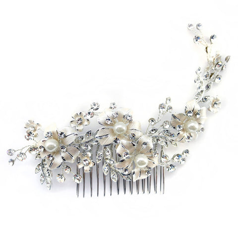Lt Champagne Silver Plated Rhinestone & Ivory Pearl Floral Bridal Wedding Hair Comb 62