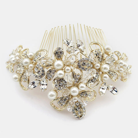 Lt Gold Ivory Pearl Crystal & Rhinestone Bridal Wedding Hair Comb 64
