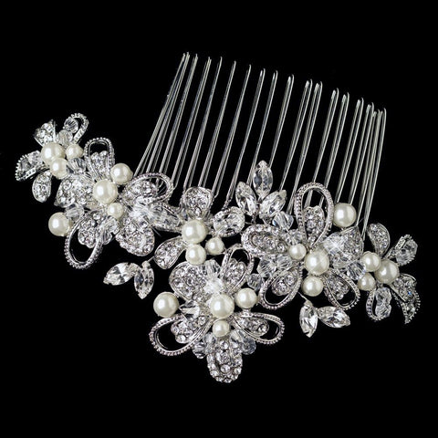 Rhodium Diamond White Pearl, Swarovski Crystal Bead & Rhinestone Floral Ribbon Bridal Wedding Hair Comb 64