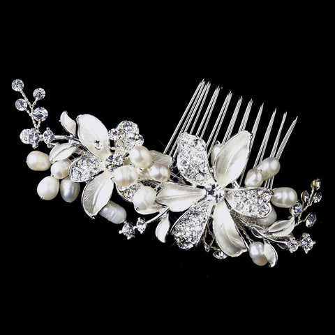 Silver Rhinestone & Freshwater Pearl Flower Bridal Wedding Hair Comb 702
