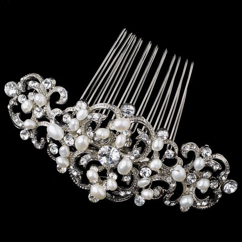 Rhodium Rhinestone & Freshwater Pearl Swirl Bridal Wedding Hair Comb 721