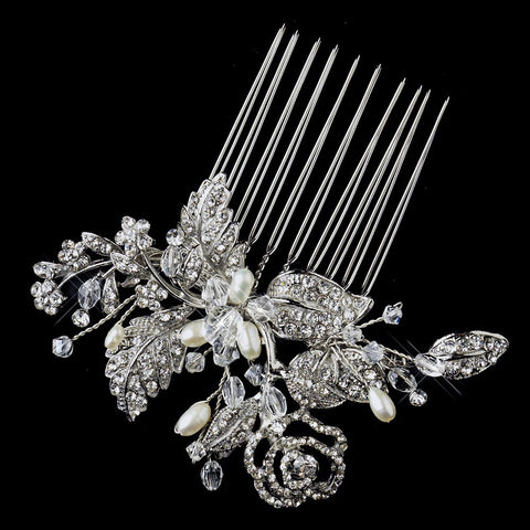 Antique Silver Freshwater Pearl, Swarovski Crystal & Rhinestone Flower and Leaf Bridal Wedding Hair Comb 758