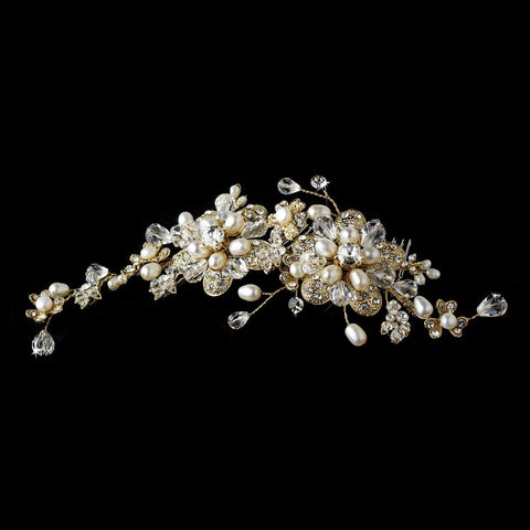 Stunning Gold & Pearl Bridal Wedding Side Bridal Wedding Hair Comb 7822 Gold