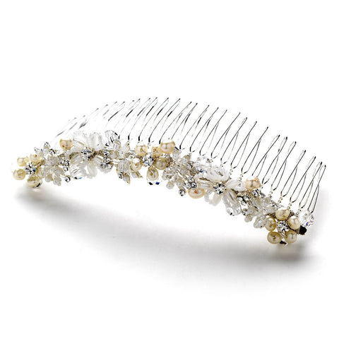 Silver Ivory Pearl and Crystal Bridal Wedding Hair Comb 8001