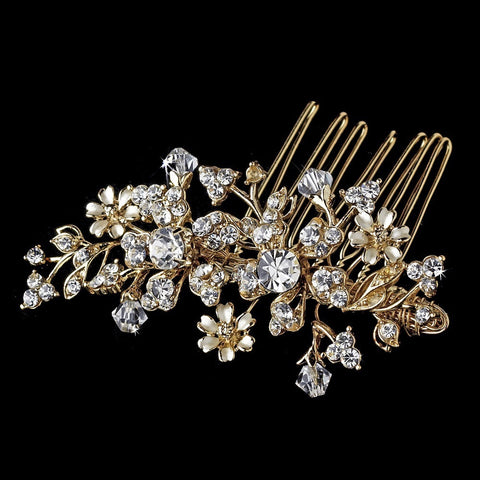 Gold Floral Swarovski Crystal Bridal Wedding Hair Comb 8005