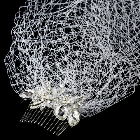 Geometric Rhinestone & Swarovski Crystal Silver Bridal Wedding Hair Comb on White or Ivory Birdcage Bridal Wedding Veiling 8118