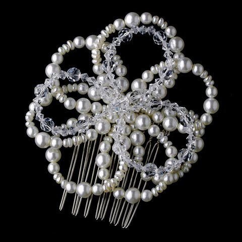 * Elegant Rhinestone & Pearl Floral Bridal Wedding Hair Comb 8128