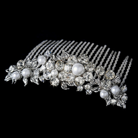 Marvelous Silver Floral Bridal Wedding Hair Comb w/ Clear Rhinestones & White Pearls 8280