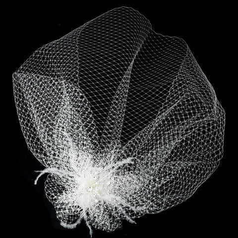 Russian Tulle & Feather Fascinator & Birdcage Bridal Wedding Veil on Bridal Wedding Hair Comb in White or Ivory 8399