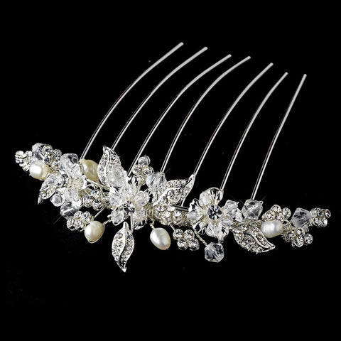 Stunning Silver Floral Bridal Wedding Hair Comb w/ Rhinestones & Swarovski Crystals 8837