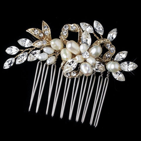 Light Gold Freshwater Pearl & Rhinestone Ribbon Leaf Bridal Wedding Hair Comb 8887