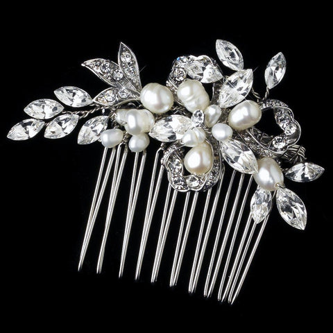 Rhodium Freshwater Pearl & Rhinestone Ribbon Leaf Bridal Wedding Hair Comb 8887
