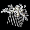 Rhodium Freshwater Pearl & Rhinestone Ribbon Leaf Bridal Wedding Hair Comb 8887