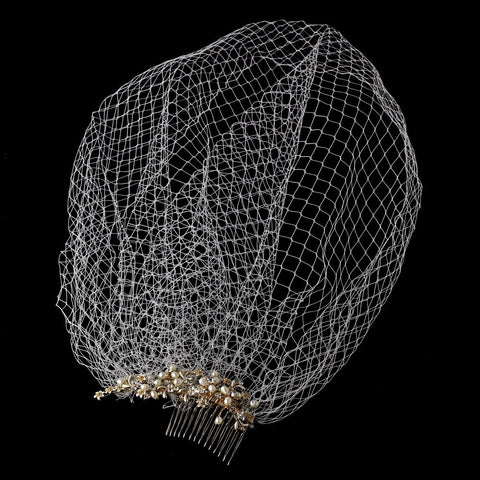 Ivory Pearl Covered Bridal Wedding Hair Comb with Attached Russian Tulle Blusher Bridal Wedding Veil in Gold 8933