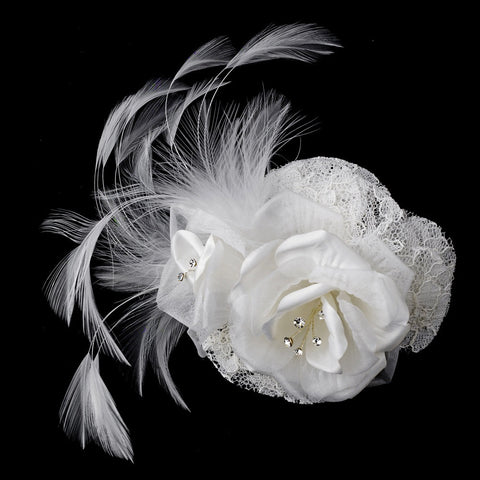 Precious Ivory or White Lace Flower Bridal Wedding Hair Clip or Bridal Wedding Hair Comb w/ Rhinestones & Feathers 8993