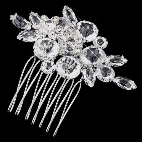* Silver Clear Crystal and Rhinestone Flower Accenting Bridal Wedding Hair Comb 922