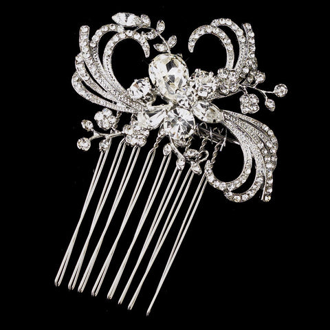 Antique Silver Clear Crystal & Rhinestone Ribbon Swirl Bridal Wedding Hair Comb 926