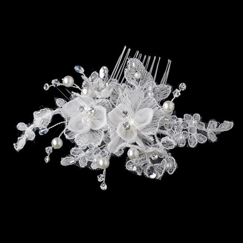 Swarovski Crystal Bead & Diamond White Pearl Fabric Flower Bridal Wedding Hair Comb 9726
