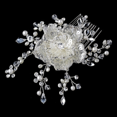 Silver Diamond White Pearl, Swarovski Crystal, Rhinestone & Sequin Flower Bridal Wedding Hair Comb 9730