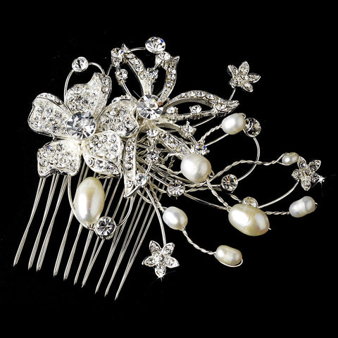 Lovely Silver Floral Bridal Wedding Hair Comb w/ Freshwater Pearls & Clear Rhinestones 9807